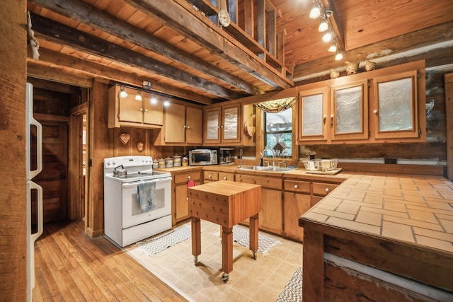 kitchen featuring white electric range oven, sink, wooden ceiling, beamed ceiling, and wood walls