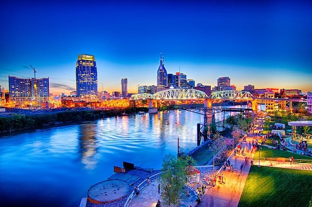 view of city with a water view