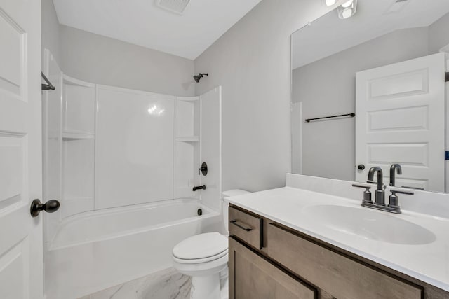 full bathroom featuring shower / tub combination, vanity, and toilet