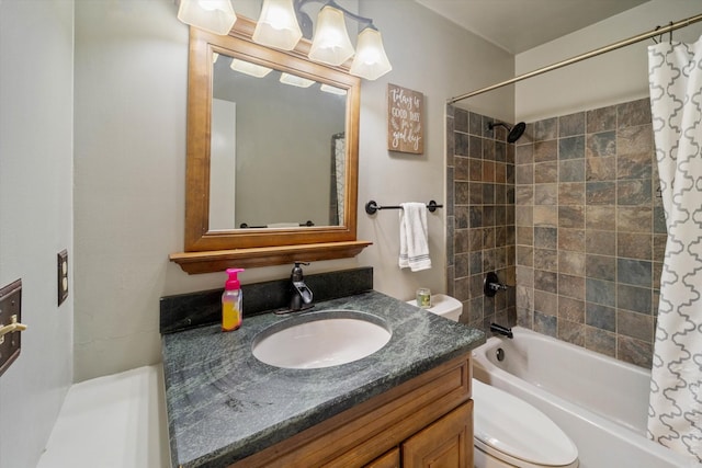 full bathroom featuring toilet, vanity, and shower / tub combo with curtain