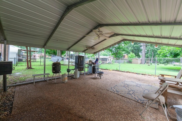 view of patio featuring ceiling fan