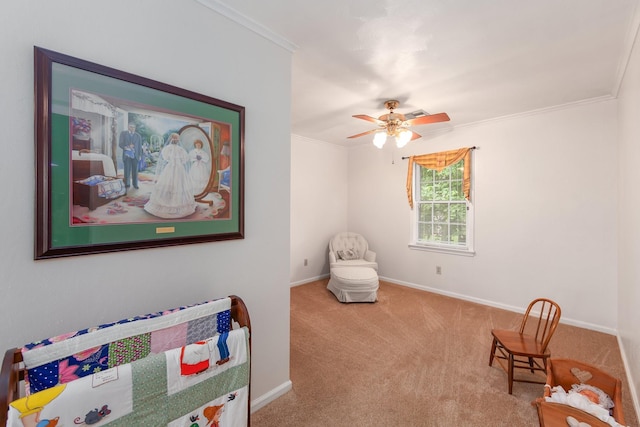 bedroom featuring ceiling fan, light colored carpet, and ornamental molding