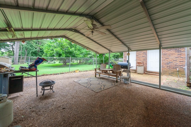 exterior space with ceiling fan and area for grilling