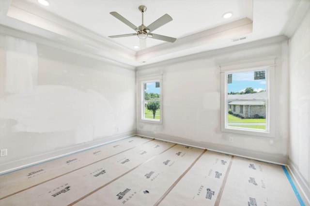 empty room featuring a raised ceiling and crown molding