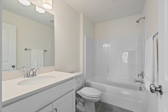 full bathroom featuring tile patterned flooring, vanity,  shower combination, and toilet