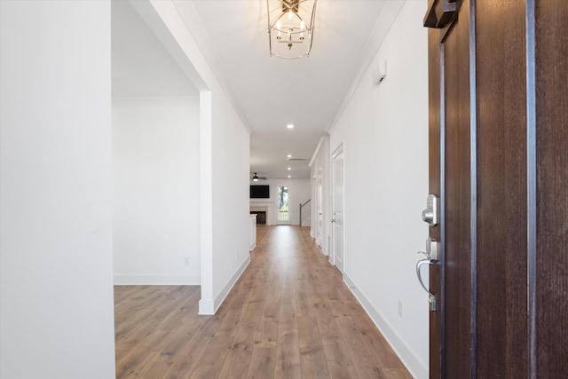 hall featuring crown molding and light hardwood / wood-style flooring