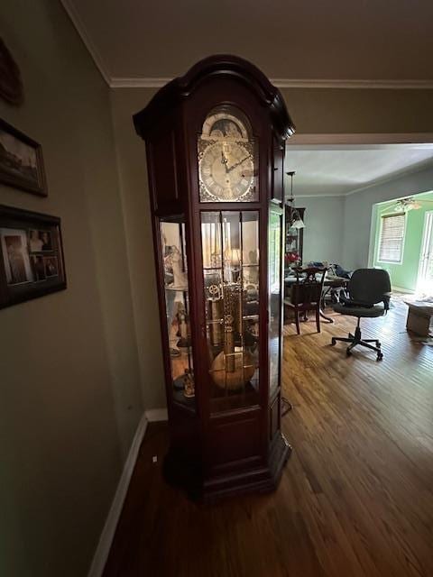 interior space featuring crown molding and hardwood / wood-style flooring