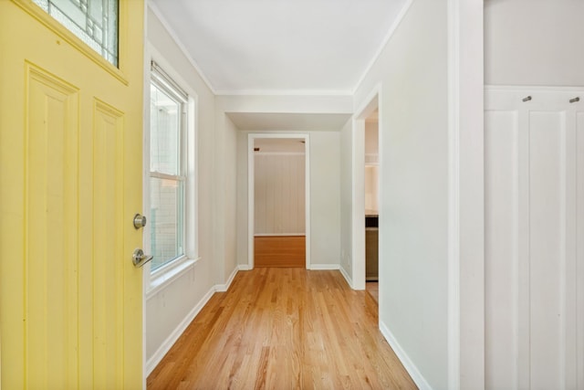 hallway with light hardwood / wood-style flooring, a wealth of natural light, and ornamental molding