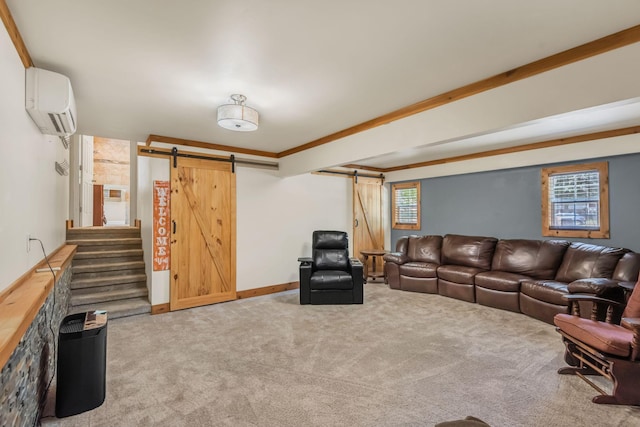 carpeted living room with a barn door and an AC wall unit