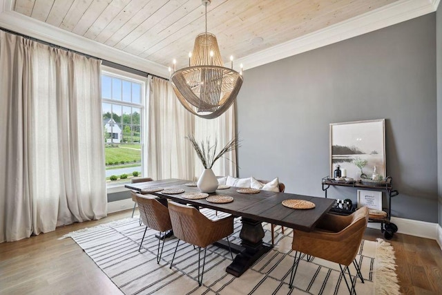 dining space featuring wood ceiling, ornamental molding, light hardwood / wood-style flooring, and a notable chandelier