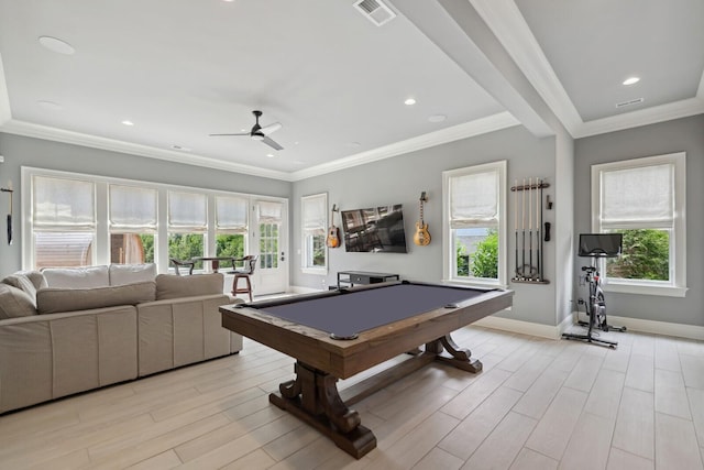 recreation room featuring ceiling fan, billiards, ornamental molding, and light wood-type flooring