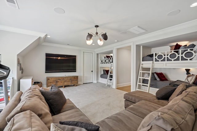 carpeted living room featuring a notable chandelier and crown molding