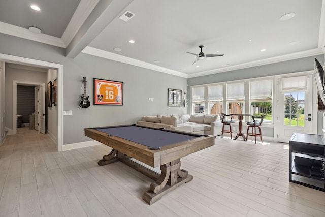 playroom with billiards, crown molding, light wood-type flooring, beamed ceiling, and ceiling fan