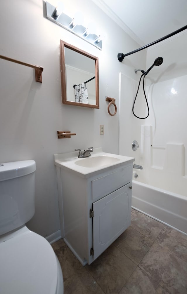 full bathroom with crown molding, shower / bathtub combination, vanity, and toilet