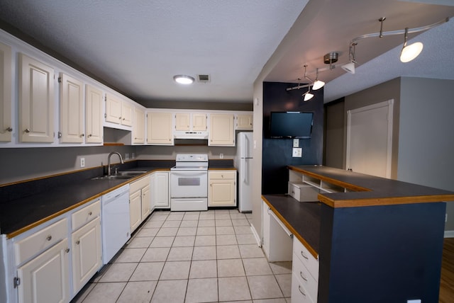 kitchen with white cabinetry, white appliances, rail lighting, and sink