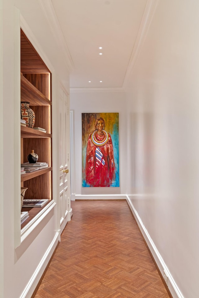 hallway featuring crown molding and parquet flooring