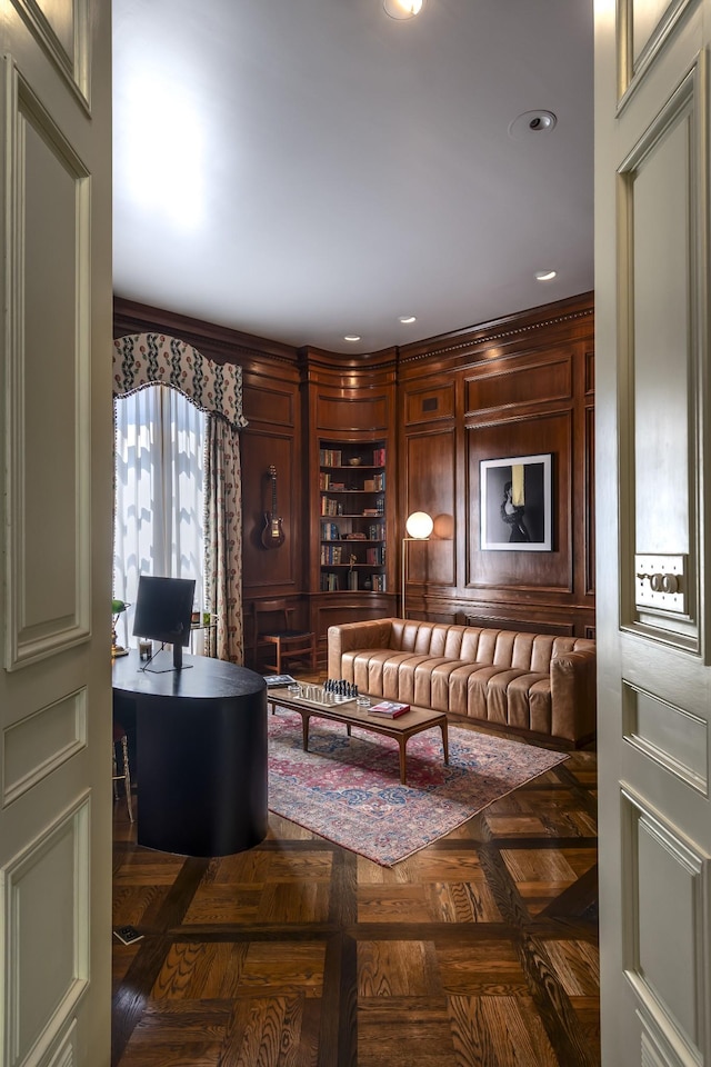 interior space featuring dark parquet floors