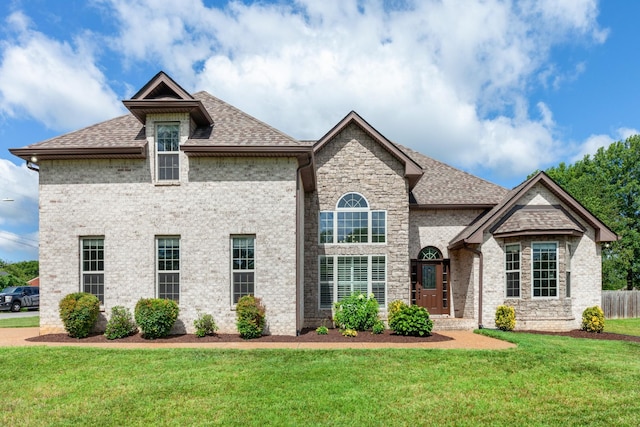 french country style house featuring brick siding, roof with shingles, a front yard, and fence