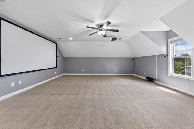 701 Vanview Dr, Lebanon, TN 37087 - carpeted home theater with vaulted ceiling, a ceiling fan, baseboards, and visible vents