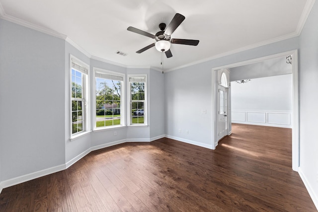 701 Vanview Dr, Lebanon, TN 37087 - empty room featuring ceiling fan, visible vents, dark wood-style flooring, and ornamental molding