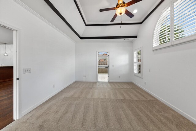 interior space with carpet flooring, ornamental molding, and ceiling fan