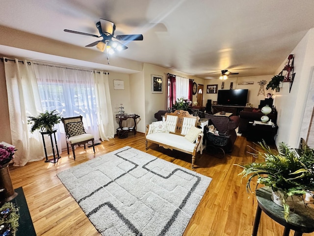 living room with ceiling fan, plenty of natural light, and hardwood / wood-style floors