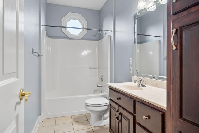 full bath with bathtub / shower combination, vanity, toilet, and tile patterned floors