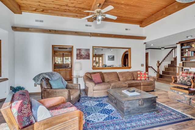 living room featuring wood ceiling, ceiling fan, hardwood / wood-style flooring, and beam ceiling