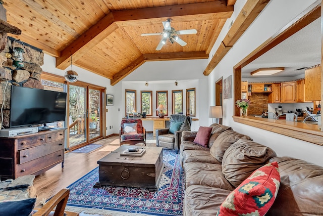 living room with vaulted ceiling, wooden ceiling, ceiling fan, and light wood-type flooring