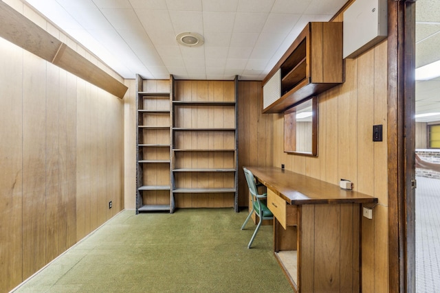 unfurnished office featuring dark colored carpet and wood walls