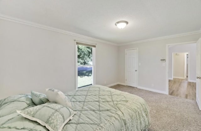 carpeted bedroom with crown molding