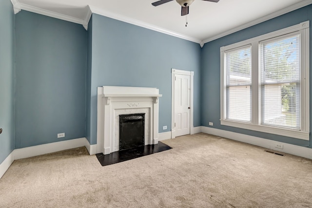 unfurnished living room with a premium fireplace, carpet flooring, and ceiling fan