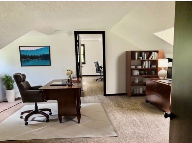 office with a textured ceiling, light colored carpet, and vaulted ceiling