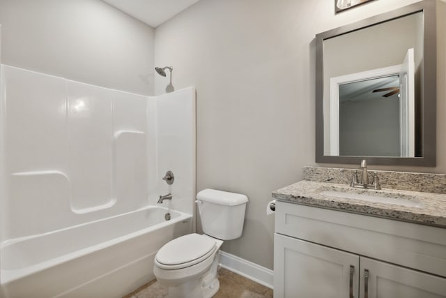 full bathroom featuring toilet, vanity, tile patterned flooring, ceiling fan, and shower / bath combination