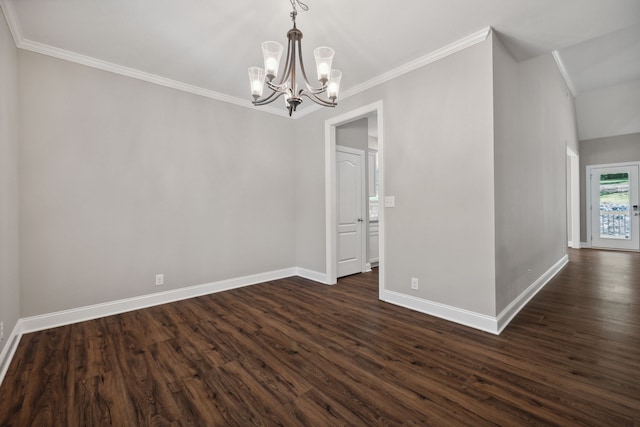 unfurnished dining area featuring a notable chandelier, crown molding, and dark wood-type flooring