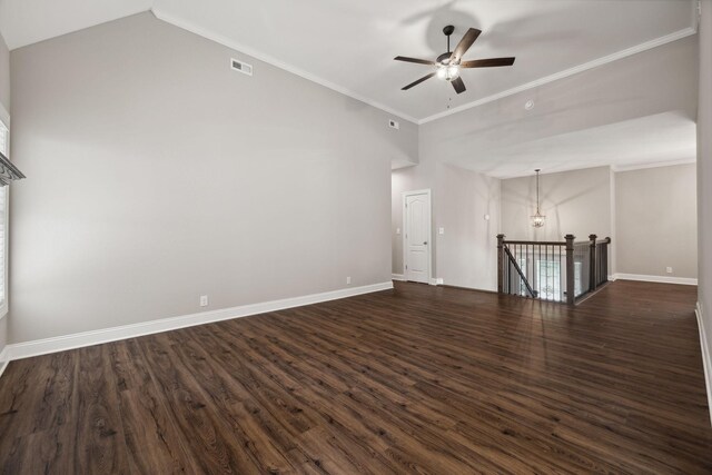 unfurnished living room featuring ceiling fan, crown molding, and dark hardwood / wood-style flooring