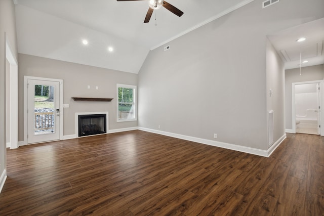 unfurnished living room with ceiling fan, dark hardwood / wood-style floors, high vaulted ceiling, and crown molding