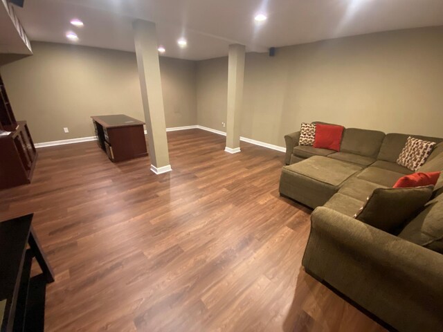 living room with dark hardwood / wood-style flooring