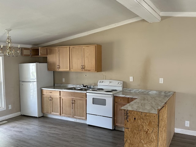 kitchen with sink, dark wood-type flooring, vaulted ceiling with beams, a notable chandelier, and white appliances