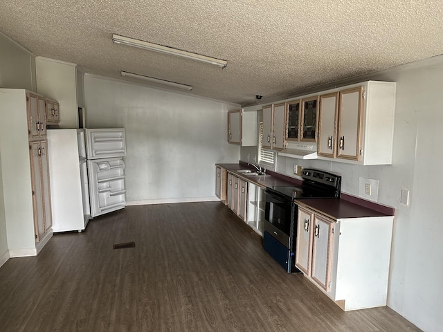 kitchen with dark hardwood / wood-style flooring, a textured ceiling, sink, electric range, and white refrigerator