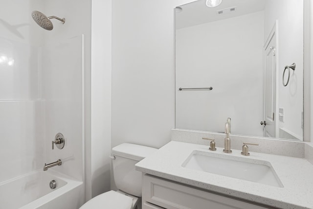 full bathroom with toilet, vanity, and bathtub / shower combination