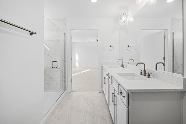 bathroom with vanity and a shower with shower door