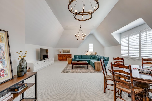 interior space with vaulted ceiling, carpet floors, and a notable chandelier