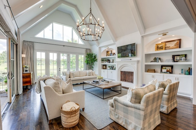 living room featuring beam ceiling, high vaulted ceiling, dark hardwood / wood-style flooring, and built in shelves