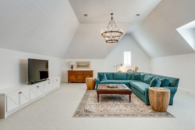 carpeted living room featuring an inviting chandelier and vaulted ceiling