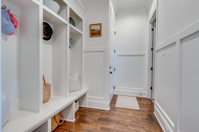 mudroom featuring crown molding and dark hardwood / wood-style floors