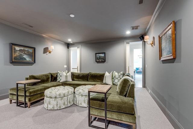 living room featuring crown molding and carpet flooring