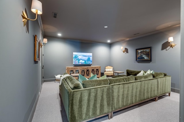 living room with crown molding and carpet