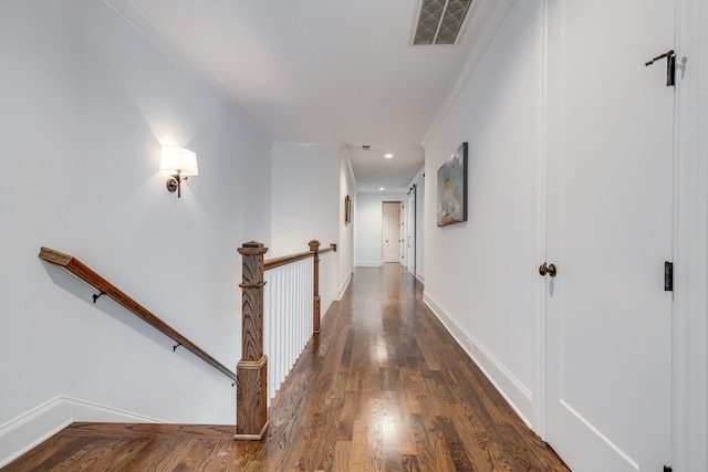 hallway with crown molding and dark hardwood / wood-style floors