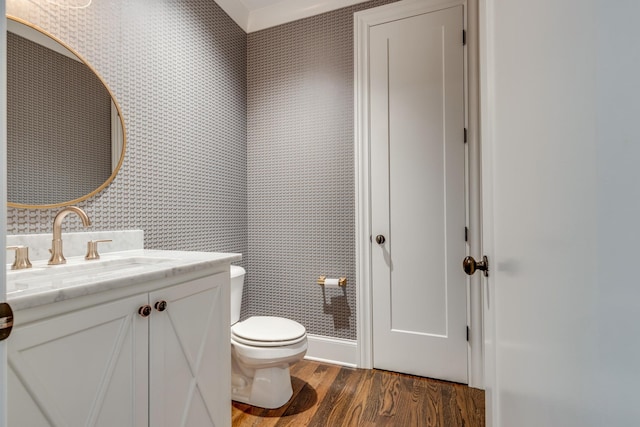 bathroom featuring vanity, hardwood / wood-style flooring, and toilet